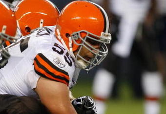 CHICAGO, IL - SEPTEMBER 3: Center Alex Mack #55 of the Cleveland Browns gets ready to snap the football against the Chicago Bears at Soldier Field on September 3, 2009 in Chicago, Illinois. (Photo by Scott Boehm/Getty Images)