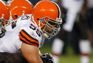 CHICAGO, IL - SEPTEMBER 3: Center Alex Mack #55 of the Cleveland Browns gets ready to snap the football against the Chicago Bears at Soldier Field on September 3, 2009 in Chicago, Illinois. (Photo by Scott Boehm/Getty Images)