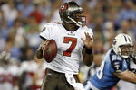 NASHVILLE, TN - AUGUST 15:  Byron Leftwich #7 of the Tampa Bay Buccaneers looks to throw downfield against the Tennessee Titans during a preseason NFL game at LP Field on August 15, 2009 in Nashville, Tennessee. The Titans beat the Buccaneers 27-20. (Photo by Joe Murphy/Getty Images) 