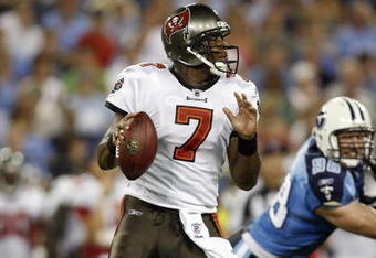NASHVILLE, TN - AUGUST 15:  Byron Leftwich #7 of the Tampa Bay Buccaneers looks to throw downfield against the Tennessee Titans during a preseason NFL game at LP Field on August 15, 2009 in Nashville, Tennessee. The Titans beat the Buccaneers 27-20. (Photo by Joe Murphy/Getty Images) 