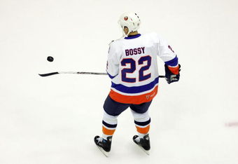 UNIONDALE, NY - MARCH 02:  Miroslav Satan of the New York Islanders wears the jersey of Mike Bossy as he warms up before the game against the Florida Panthers on March 2, 2008 at Nassau Coliseum in Uniondale, New York. The Islanders are celebrating the 17 men that were part of all four Stanley Cup winning teams from 1980-1983.  (Photo by Jim McIsaac/Getty Images)