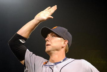 ANAHEIM, CA - AUGUST 25:  Clete Thomas #34 of the Detroit Tigers celebrates his catch at the wall for the third out off of the bat of Kendry Morales #19 of the Los Angeles Angels of Anaheim during the eighth inning at Angel Stadium of Anaheim on August 25, 2009 in Anaheim, California.  (Photo by Harry How/Getty Images)