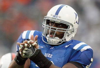DURHAM, NC - OCTOBER 18:  Vince Oghobaase #3 of the Duke Blue Devils celebrates on the field during the game against the Miami Hurricanes at Wallace Wade Stadium on October 18, 2008 in Durham, North Carolina.  (Photo by Kevin C. Cox/Getty Images)