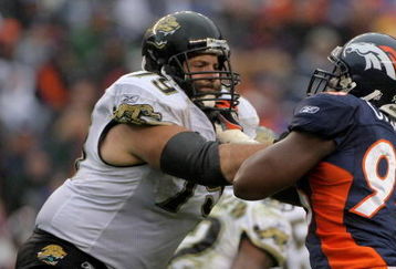 DENVER - OCTOBER 12:  Offensive tackle Tony Pashos #79 of the Jacksonville Jaguars blocks the rush defensive end Tim Crowder #96 of the Denver Broncos during NFL action at Invesco Field at Mile High on October 12, 2008 in Denver, Colorado. The Jaguars defeated the Broncos 24-17.  (Photo by Doug Pensinger/Getty Images)