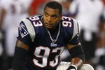 FOXBORO, MA - AUGUST 7: Richard Seymour #93 of the New England Patriots looks on while resting on his right knee against the Baltimore Ravens during the preseason game at Gillette Stadium on August 7, 2008 in Foxboro, Massachusetts. (Photo by Jim Rogash/Getty Images)