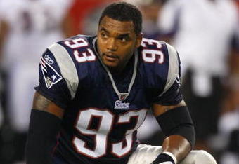 FOXBORO, MA - AUGUST 7: Richard Seymour #93 of the New England Patriots looks on while resting on his right knee against the Baltimore Ravens during the preseason game at Gillette Stadium on August 7, 2008 in Foxboro, Massachusetts. (Photo by Jim Rogash/Getty Images)