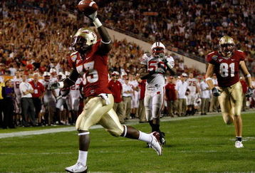 ORLANDO, FL - DECEMBER 27:  Carlton Jones #33 of the Florida State Seminoles scores a touchdown during the Champs Bowl against the Wisconsin Badgers on December 27, 2008 at the Citrus Bowl in Orlando, Florida.  (Photo by Sam Greenwood/Getty Images)