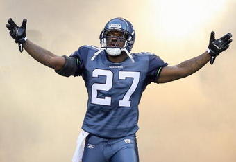 SEATTLE - AUGUST 22:  Jordan Babineaux #27 of the Seattle Seahawks celebrates as he enters the field before the game against the Denver Broncos on August 22, 2009 at Qwest Field in Seattle, Washington. (Photo by Otto Greule Jr/Getty Images)   