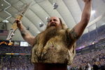 MINNEAPOLIS, MN - NOVEMBER 04: 'Ragnar' the Minnesota Vikings mascot portrayed by Joe Juranitch, entices the home crowd against the San Diego Chargers at the Hubert H. Humphrey Metrodome on November 4, 2007 in Minneapolis, Minnesota. (Photo by Doug Pensinger/Getty Images)