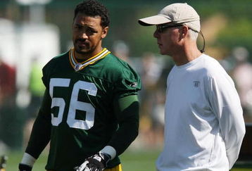 GREEN BAY, WI - JULY 28: General Manager Ted Thompson of the Green Bay Packers talks with Nick Barnett #56 during summer training camp on July 28, 2008 at the Hutson Center in Green Bay, Wisconsin. (Photo by Jonathan Daniel/Getty Images)