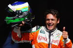 SPA FRANCORCHAMPS, BELGIUM - AUGUST 29:  Giancarlo Fisichella of Italy and Force India celebrates in parc ferme after taking pole position during qualifying for the Belgian Grand Prix at the Circuit of Spa Francorchamps on August 29, 2009 in Spa Francorchamps, Belgium.  (Photo by Mark Thompson/Getty Images)