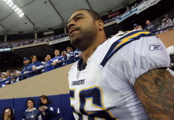 INDIANAPOLIS - JANUARY 13:  Shawne Merriman #56 of  the San Diego Chargers gets set to take the field against the Indianapolis Colts during their AFC Divisional Playoff game at the RCA Dome on January 13, 2008 in Indianapolis, Indiana.  (Photo by Doug Pensinger/Getty Images)