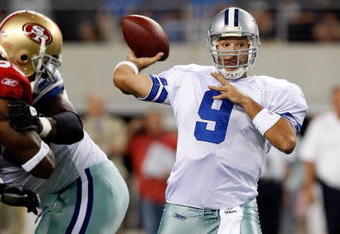 ARLINGTON, TX - AUGUST 29:  Quarterback Tony Romo #9 of the Dallas Cowboys at Cowboys Stadium on August 29, 2009 in Arlington, Texas.  (Photo by Ronald Martinez/Getty Images)