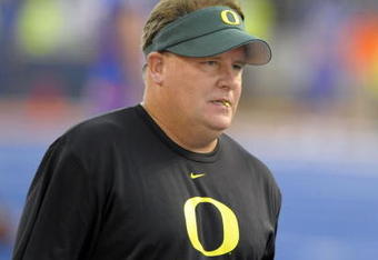 BOISE, ID - SEPTEMBER 3:  Head coach Chip Kelly of the Oregon Ducks looks on during pre-game warm-ups against the Boise State Broncos on September 3, 2009 at Bronco Stadium in Boise, Idaho. (Photo by Steve Dykes/Getty Images)