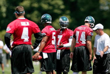 PHILADELPHIA - AUGUST 15:  (L-R) Kevin Kolb #4, Donovan McNabb #5, Michael Vick #7 and A.J. Feeley #14 train during a workout at the NovaCare Complex on August 15, 2009 in Philadelphia, Pennsylvania.  (Photo by Len Redkoles/Getty Images)