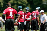 PHILADELPHIA - AUGUST 15:  (L-R) Kevin Kolb #4, Donovan McNabb #5, Michael Vick #7 and A.J. Feeley #14 train during a workout at the NovaCare Complex on August 15, 2009 in Philadelphia, Pennsylvania.  (Photo by Len Redkoles/Getty Images)
