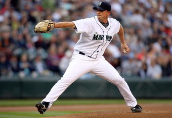 SEATTLE - AUGUST 15:  Starting pitcher Lucas French #25 of the Seattle Mariners pitches against the New York Yankees on August 15, 2009 at Safeco Field in Seattle, Washington. The Yankees defeated the Mariners 5-2. (Photo by Otto Greule Jr/Getty Images)