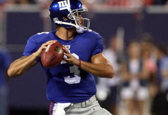 EAST RUTHERFORD, NJ - AUGUST 17:  Andre Woodson #3 of the New York Giants throws against the Carolina Panthers on August 17, 2009 at Giants Stadium in East Rutherford, New Jersey. The Giants defeated the Panthers 24-17.  (Photo by Jim McIsaac/Getty Images)
