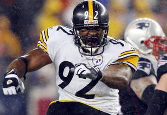 FOXBORO, MA - NOVEMBER 30:  James Harrison #92 of the Pittsburgh Steelers celebrates after the Steelers recovered a fumble by the New England Patriots on November 30, 2008 at Gillette Stadium in Foxboro, Massachusetts.  (Photo by Elsa/Getty Images)