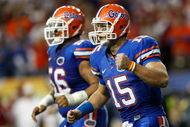 ATLANTA - DECEMBER 06: Quarterback Tim Tebow #15 of the Florida Gators reacts after a touchdown against the Alabama Crimson Tide during the SEC Championship on December 6, 2008 at the Georgia Dome in Atlanta, Georgia. (Photo by Kevin C. Cox/Getty Images)