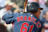 GOODYEAR , AZ - MARCH 06:  Michael Brantley #61 of the Cleveland Indians bats against the Milwaukee Brewers during the spring training game at Goodyear Ballpark on March 6, 2009 in Goodyear, Arizona. The Brewers defeated the Indians 17-7.  (Photo by Christian Petersen/Getty Images)