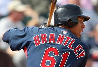 GOODYEAR , AZ - MARCH 06:  Michael Brantley #61 of the Cleveland Indians bats against the Milwaukee Brewers during the spring training game at Goodyear Ballpark on March 6, 2009 in Goodyear, Arizona. The Brewers defeated the Indians 17-7.  (Photo by Christian Petersen/Getty Images)