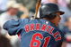 GOODYEAR , AZ - MARCH 06: Michael Brantley #61 of the Cleveland Indians bats against the Milwaukee Brewers during the spring training game at Goodyear Ballpark on March 6, 2009 in Goodyear, Arizona. The Brewers defeated the Indians 17-7. (Photo by Christian Petersen/Getty Images)