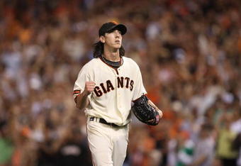 SAN FRANCISCO - AUGUST 28:  Tim Lincecum #55 of the San Francisco Giants celebrates in the 8th inning against the Colorado Rockies during a Major League Baseball game at AT&T Park on August 28, 2009 in San Francisco, California.  (Photo by Jed Jacobsohn/Getty Images)