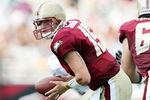 CHESTNUT HILL, MA - SEPTEMBER 05:  Dave Shinskie #15 of the Boston College Eagles rolls back in the first half against the Northeastern Huskies on September 5, 2009 at Alumni Stadium in Chestnut Hill, Massachusetts.  (Photo by Elsa/Getty Images)