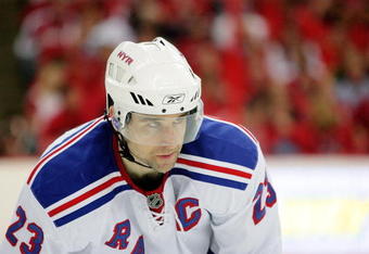 WASHINGTON - APRIL 24:  Chris Drury #23 of the New York Rangers during looks on prior to a face off against the Washington Capitals Game Five of the Eastern Conference Quarterfinal Round of the 2009 Stanley Cup Playoffs on April 24, 2009 at the Verizon Center in Washington,  DC.  (Photo by Len Redkoles/Getty Images)