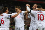 LONDON - APRIL 01: John Terry (L) of England celebrates scoring his goal with Steven Gerrard, Frank Lampard and Wayne Rooney during the FIFA 2010 World Cup Group 6 Qualifying match between England and Ukraine at Wembley Stadium on April 1, 2009 in London, England. (Photo by Ryan Pierse/Getty Images)