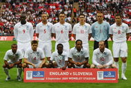 LONDON, ENGLAND - SEPTEMBER 05:  England team line up before the International Friendly match between England and Slovenia at Wembley Stadium on September 5, 2009 in London, England.  (Photo by Clive Rose/Getty Images)