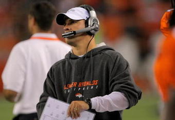 DENVER - AUGUST 30:  Head coach Josh McDaniels of the Denver Broncos directs his team against the Chicago Bears during preseason NFL action at INVESCO Field at Mile High on August 30, 2009 in Denver, Colorado. The Bears defeated the Broncos 27-17.  (Photo by Doug Pensinger/Getty Images)