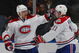 UNIONDALE, NY - APRIL 02: Andrei MArkov #79 (L) and Saku Koivu #11 (R) of the Montreal Canadiens celebrate a second period goal against the New York Islanders on April 2, 2009 at the Nassau Coliseum in Uniondale, New York. The Canadiens defeated the Islanders 5-1. (Photo by Bruce Bennett/Getty Images)