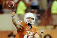 AUSTIN, TX - SEPTEMBER 5:  Colt McCoy #12 of the Texas Longhorns throws from the one-yard line before connecting with Jordan Shipley for a touchdown on the next play against the Louisiana Monroe Warhawks on September 5, 2009 at Darrell K Royal-Texas Memorial Stadium in Austin, Texas.  (Photo by Brian Bahr/Getty Images)