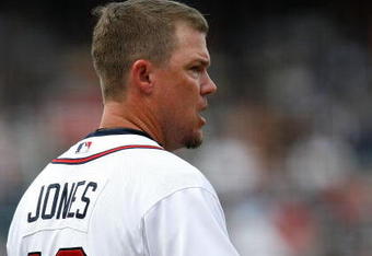 ATLANTA - AUGUST 01:  Chipper Jones #10 of the Atlanta Braves against the Los Angeles Dodgers on August 1, 2009 at Turner Field in Atlanta, Georgia.  (Photo by Kevin C. Cox/Getty Images)