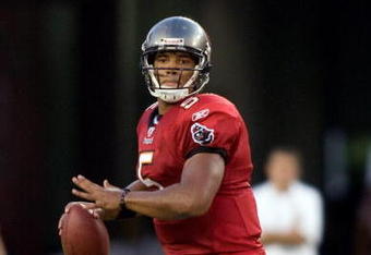 TAMPA, FL - SEPTEMBER 04:  Quarterback Josh Freeman #5 of the Tampa Bay Buccaneers looks for an open receiver against the Houston Texans during a preseason game at Raymond James Stadium on September 4, 2009 in Tampa, Florida.  (Photo by J. Meric/Getty Images)