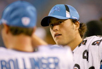 ORCHARD PARK, NY - SEPTEMBER 03: Matthew Stafford #9 of the Detroit Lions talks with teammate Brooks Bollinger #14 during a preseason game against the Buffalo Bills at Ralph Wilson Stadium on September 3, 2009 in Orchard Park, New York.  (Photo by Rick Stewart/Getty Images)
