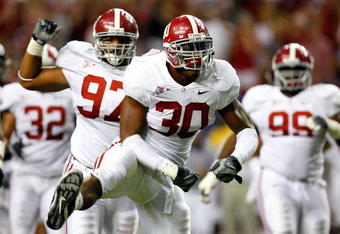 ATLANTA - SEPTEMBER 05:  Dont'a Hightower #30 of the Alabama Crimson Tide reacts after a defensive stop against the Virginia Tech Hokies during the Chick-fil-A Kickoff Game at Georgia Dome on September 5, 2009 in Atlanta, Georgia.  (Photo by Kevin C. Cox/Getty Images)