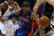 MILWAUKEE - FEBRUARY 07: Allen Iverson #1 of the Detroit Pistons turns upcourt after stealing the ball against the Milwaukee Bucks on February 7, 2009 at the Bradley Center in Milwaukee, Wisconsin. NOTE TO USER: User expressly acknowledges and agreees that, by downloading and/or using this Photograph, User is consenting to the terms and conditions of the Getty Images License Agreement. (Photo by Jonathan Daniel/Getty Images)