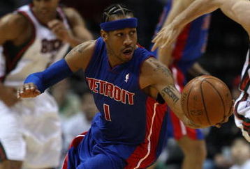 MILWAUKEE - FEBRUARY 07: Allen Iverson #1  of the Detroit Pistons turns upcourt after stealing the ball against the Milwaukee Bucks on February 7, 2009 at the Bradley Center in Milwaukee, Wisconsin. NOTE TO USER: User expressly acknowledges and agreees that, by downloading and/or using this Photograph, User is consenting to the terms and conditions of the Getty Images License Agreement. (Photo by Jonathan Daniel/Getty Images)