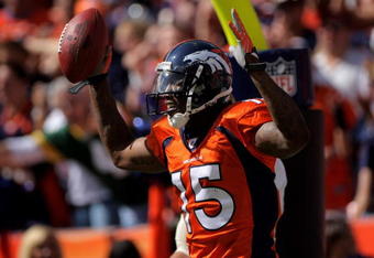 DENVER - SEPTEMBER 21:  Brandon Marshall #15 of the Denver Broncos celebrates his 35 yard first quarter touchdown reception against the New Orleans Saints during NFL action at Invesco Field at Mile High on September 21, 2008 in Denver, Colorado. The Broncos defeated the Saints 34-32.  (Photo by Doug Pensinger/Getty Images)