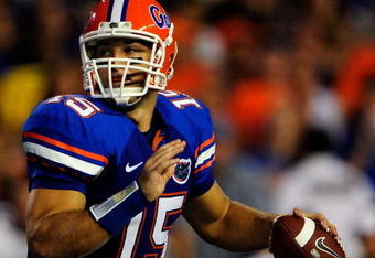 GAINESVILLE, FL - SEPTEMBER 05:  Tim Tebow #15 of the Florida Gators attempts a pass during the game against the Charleston Southern Buccaneers at Ben Hill Griffin Stadium on September 5, 2009 in Gainesville, Florida.  (Photo by Sam Greenwood/Getty Images)