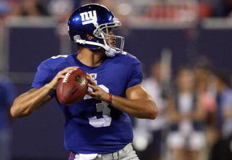 EAST RUTHERFORD, NJ - AUGUST 17:  Andre Woodson #3 of the New York Giants throws against the Carolina Panthers on August 17, 2009 at Giants Stadium in East Rutherford, New Jersey. The Giants defeated the Panthers 24-17.  (Photo by Jim McIsaac/Getty Images)