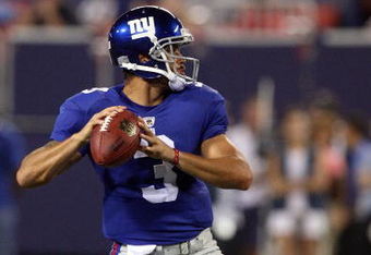 EAST RUTHERFORD, NJ - AUGUST 17:  Andre Woodson #3 of the New York Giants throws against the Carolina Panthers on August 17, 2009 at Giants Stadium in East Rutherford, New Jersey. The Giants defeated the Panthers 24-17.  (Photo by Jim McIsaac/Getty Images)