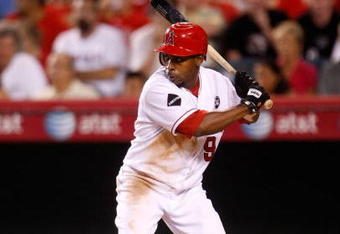 ANAHEIM, CA - AUGUST 29:  Chone Figgins #9 of the Los Angeles Angels of Anaheim bats against the Oakland Athletics at Angel Stadium on August 29, 2009 in Anaheim, California. The Athletics defeated the Angels 4-3.  (Photo by Jeff Gross/Getty Images)