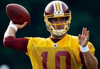 ASHBURN, VA - JULY 30:  Washington Redskins quarterback Chase Daniel (#10) drops back to pass during drills on opening day of training camp July 30, 2009 in Ashburn, Virginia.  (Photo by Win McNamee/Getty Images)