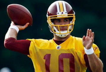 ASHBURN, VA - JULY 30:  Washington Redskins quarterback Chase Daniel (#10) drops back to pass during drills on opening day of training camp July 30, 2009 in Ashburn, Virginia.  (Photo by Win McNamee/Getty Images)