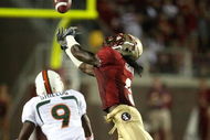 TALLAHASSEE, FL - SEPTEMBER 07:  Wide receiver Richard Goodman #9 of the Florida State Seminoles can't bring in a catch against defensive back Sam Shields #9 of the Miami Hurricanes at Doak Campbell Stadium on September 7, 2009 in Tallahassee, Florida.  (Photo by Doug Benc/Getty Images)