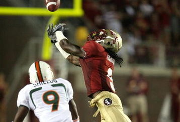 TALLAHASSEE, FL - SEPTEMBER 07:  Wide receiver Richard Goodman #9 of the Florida State Seminoles can't bring in a catch against defensive back Sam Shields #9 of the Miami Hurricanes at Doak Campbell Stadium on September 7, 2009 in Tallahassee, Florida.  (Photo by Doug Benc/Getty Images)